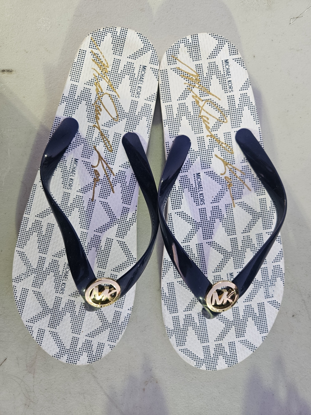 Michael Kors Navy and Gold Logo Flip Flop Sandals